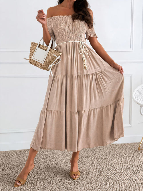 Off Shoulder Short Sleeve Smocked Tiered Midi Dress