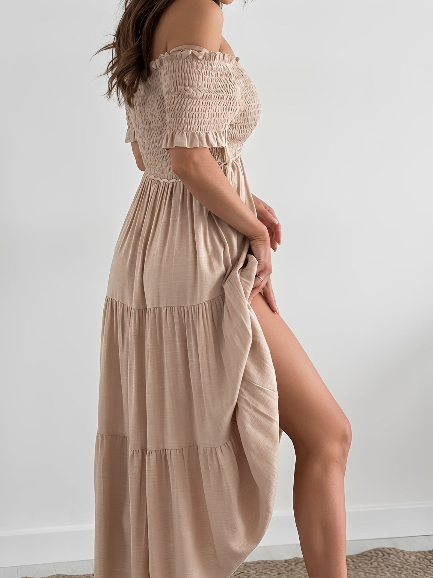 Off Shoulder Short Sleeve Smocked Tiered Midi Dress