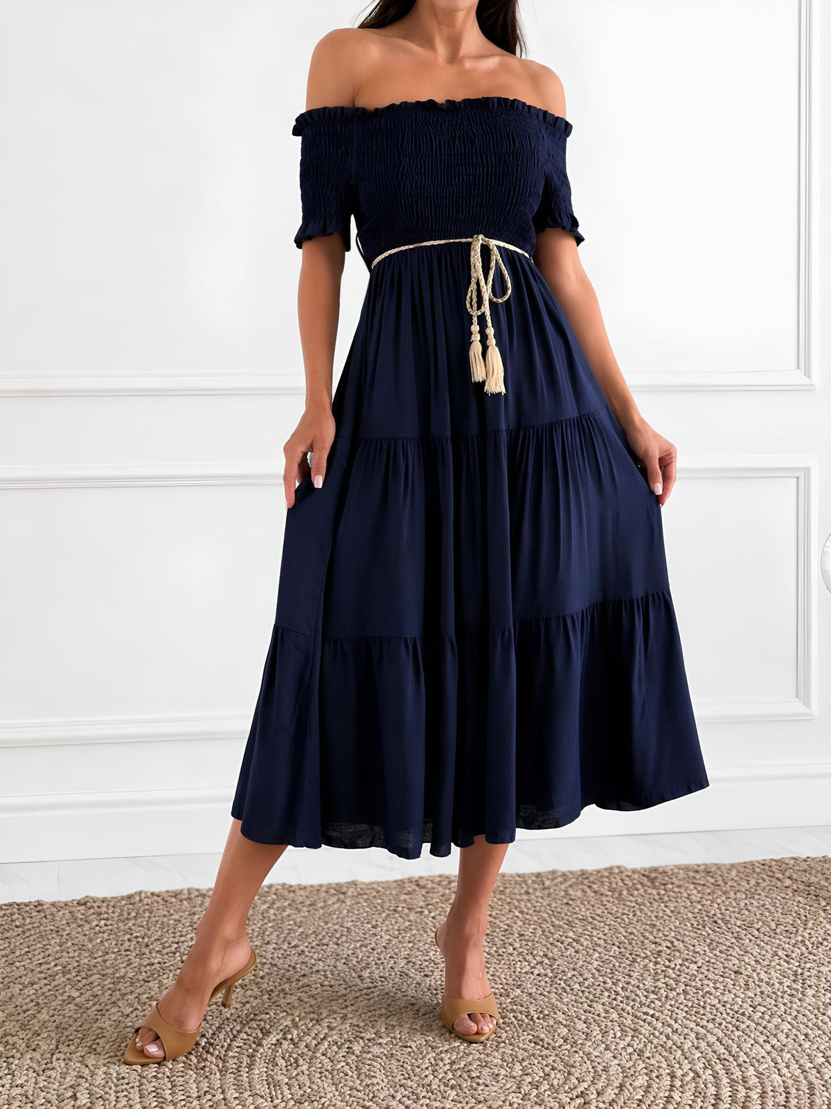 Off Shoulder Short Sleeve Smocked Tiered Midi Dress