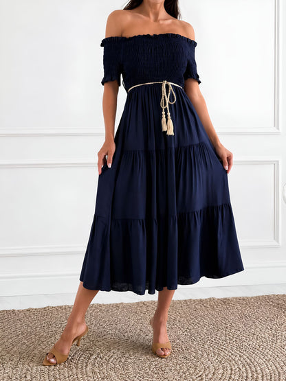 Off Shoulder Short Sleeve Smocked Tiered Midi Dress