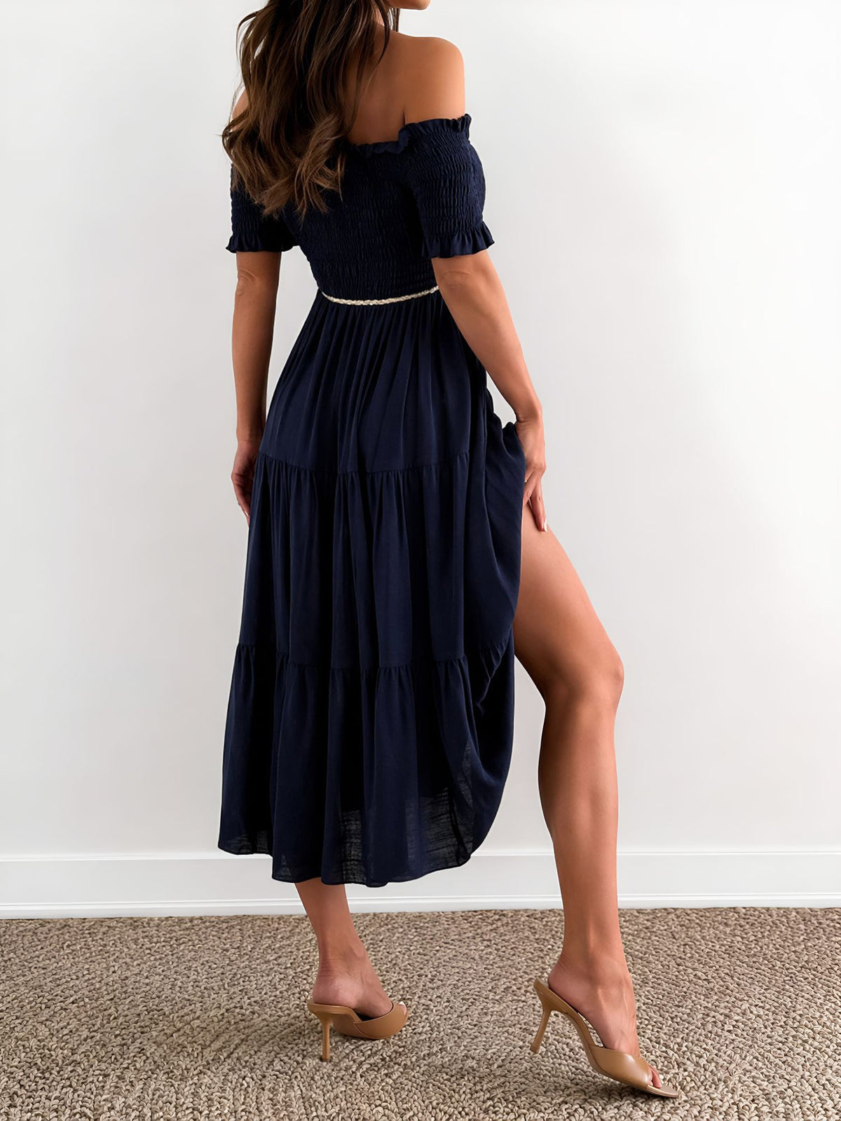 Off Shoulder Short Sleeve Smocked Tiered Midi Dress