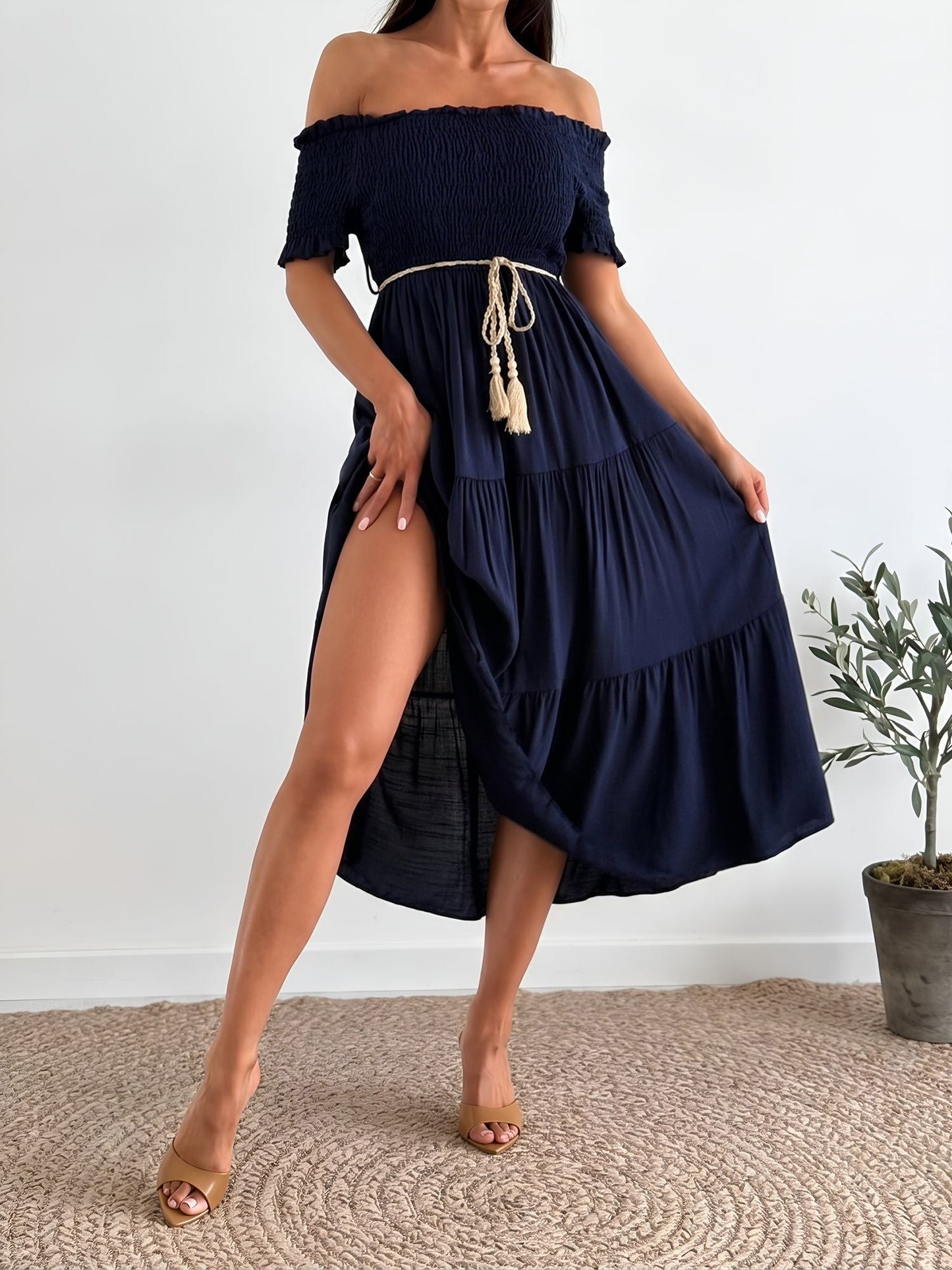 Off Shoulder Short Sleeve Smocked Tiered Midi Dress