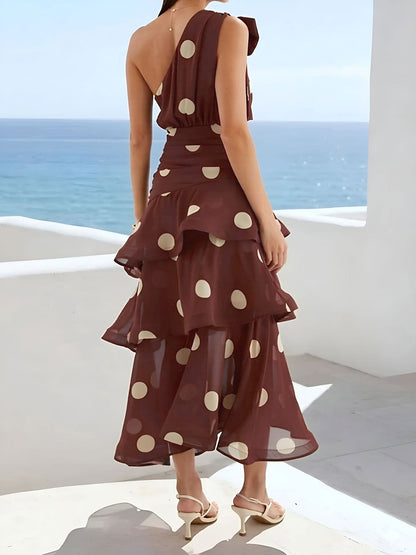 One Shoulder Ruched Polka Dot Ruffle Layered Dress