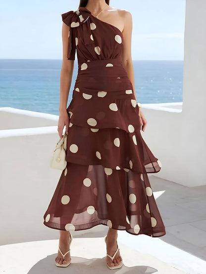 One Shoulder Ruched Polka Dot Ruffle Layered Dress