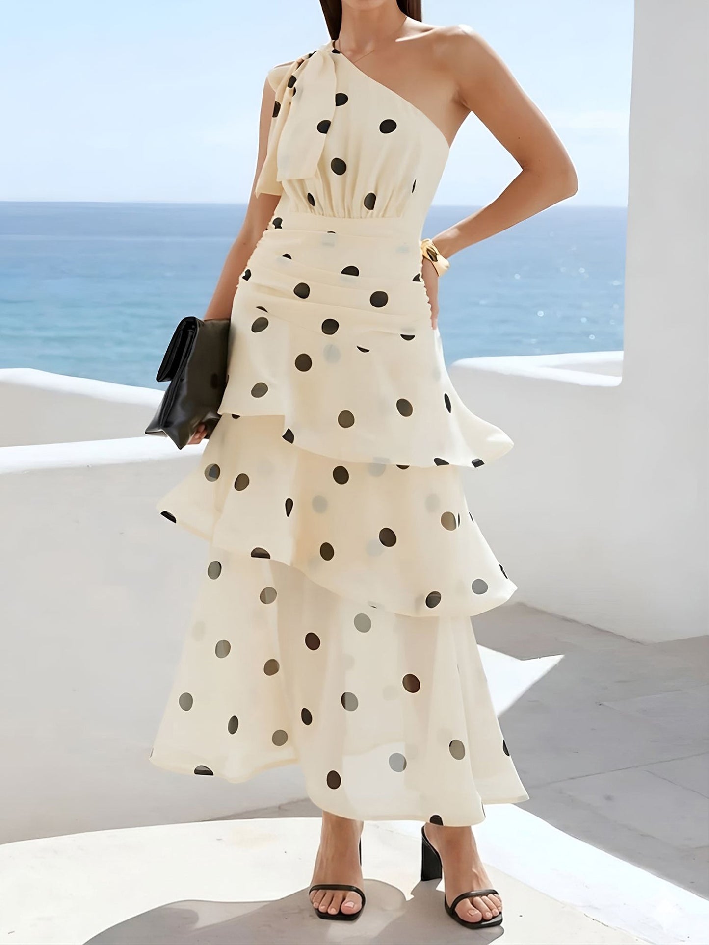 One Shoulder Ruched Polka Dot Ruffle Layered Dress