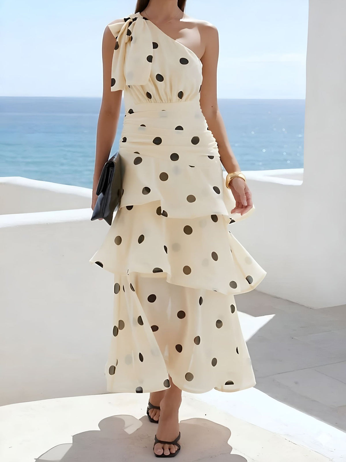 One Shoulder Ruched Polka Dot Ruffle Layered Dress