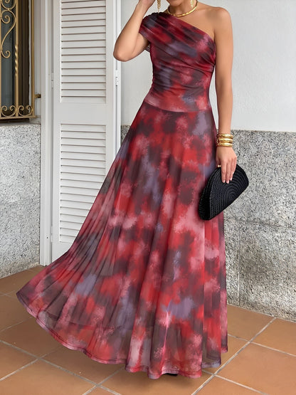 Printed Mesh One Shoulder Ruched Maxi A-Line Dress