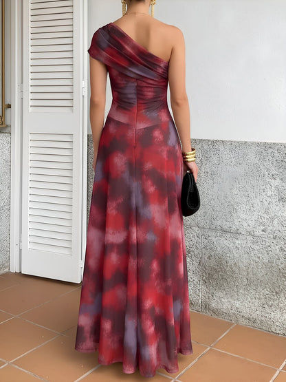 Printed Mesh One Shoulder Ruched Maxi A-Line Dress