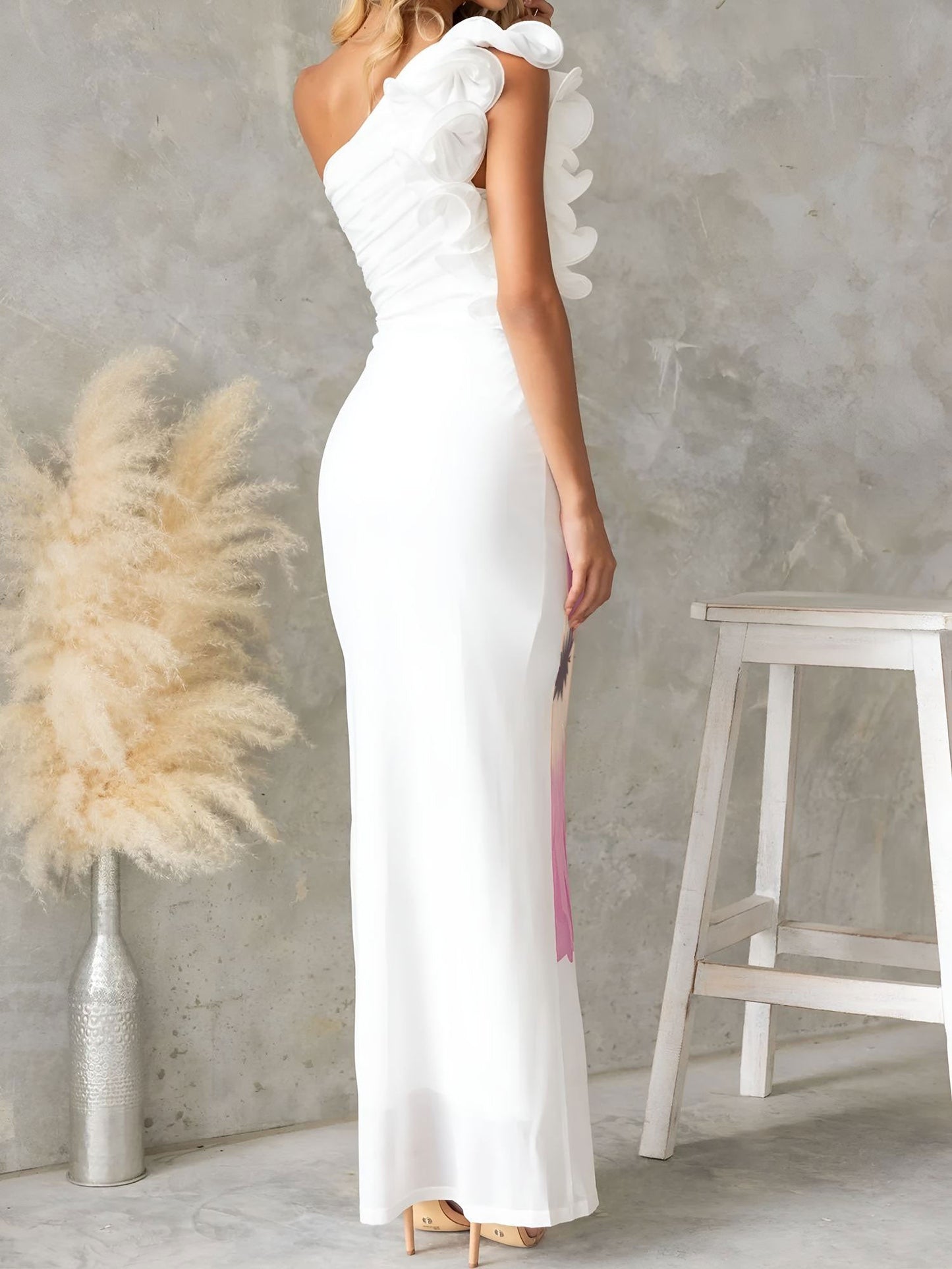 Floral One Shoulder Ruched Bodycon Maxi Dress