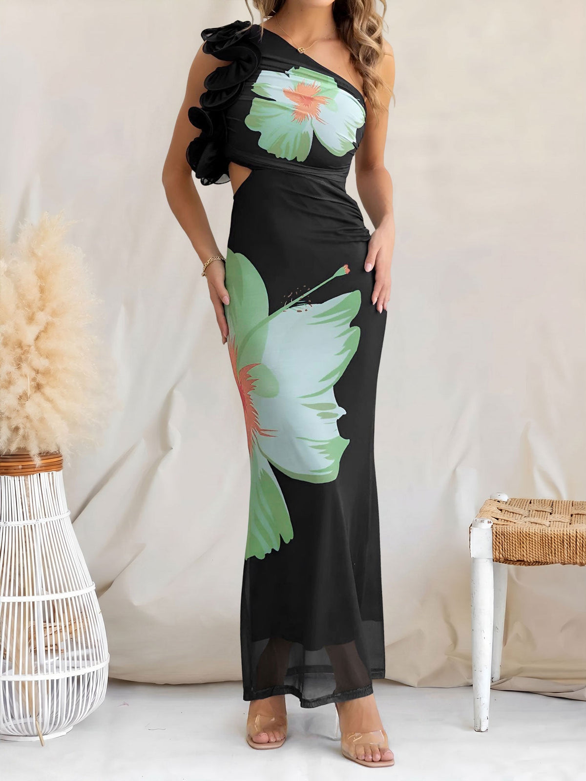 Floral One Shoulder Ruched Bodycon Maxi Dress