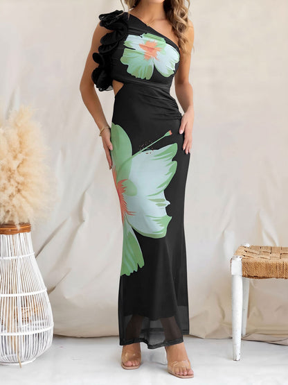 Floral One Shoulder Ruched Bodycon Maxi Dress