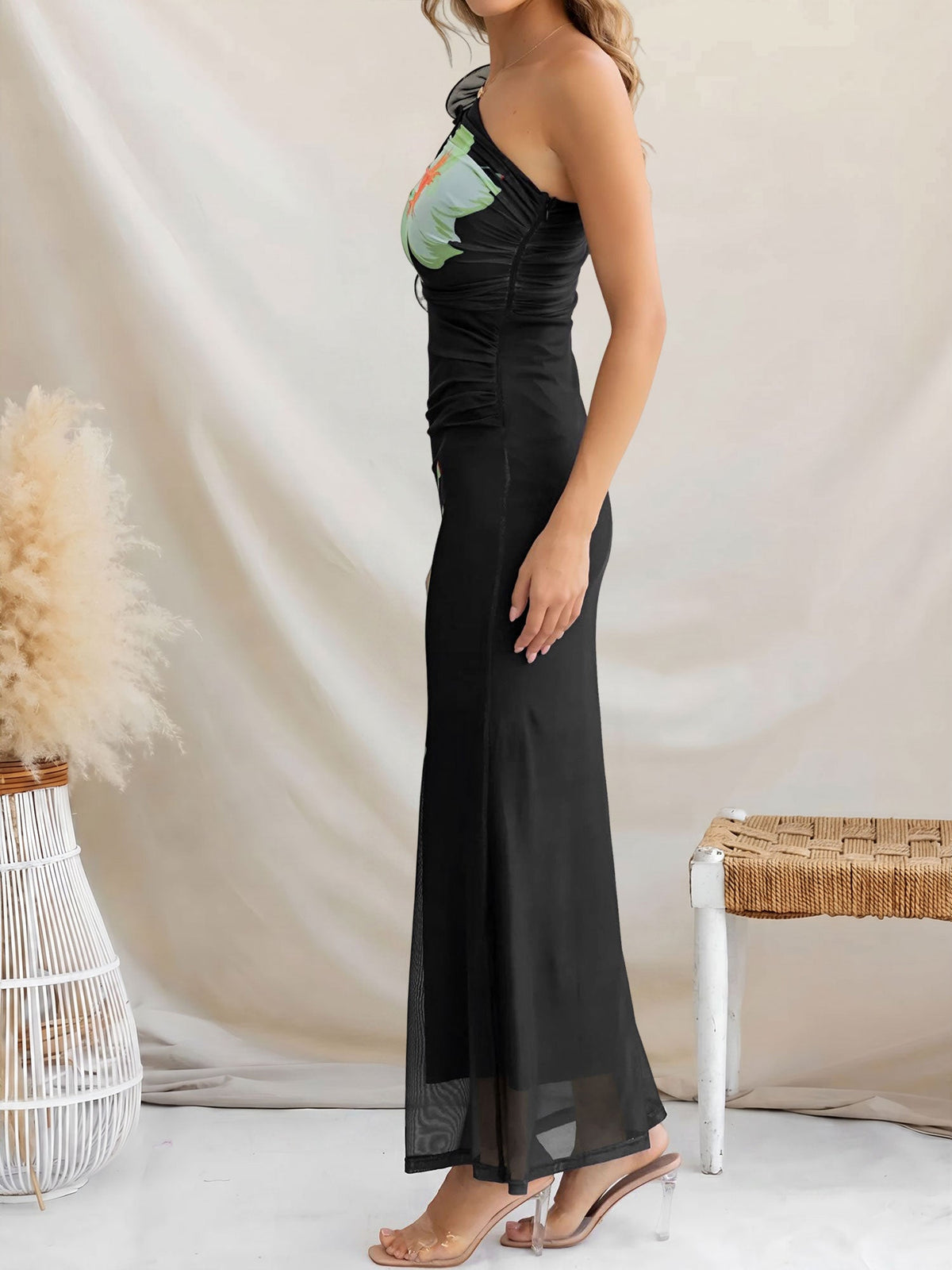 Floral One Shoulder Ruched Bodycon Maxi Dress