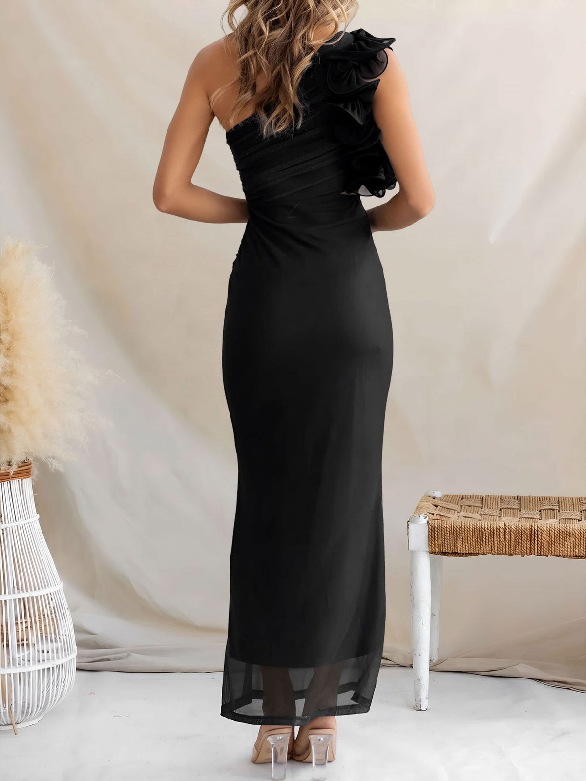 Floral One Shoulder Ruched Bodycon Maxi Dress
