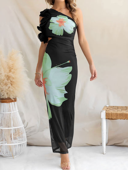 Floral One Shoulder Ruched Bodycon Maxi Dress