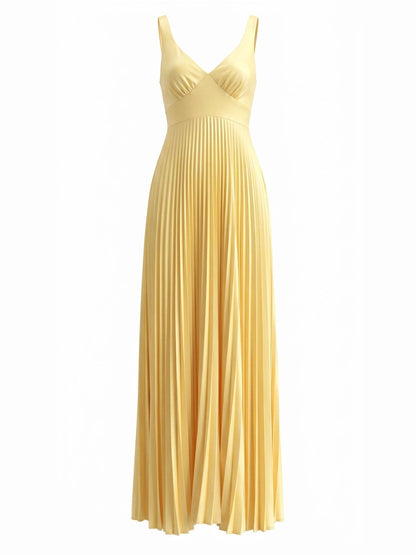 Solid Color Backless V Neck Sleeveless Pleated Maxi Dress