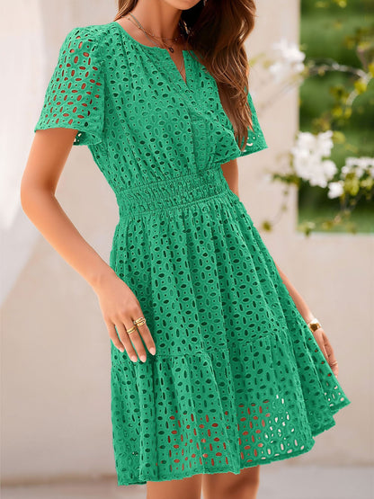 Eyelet Notch Neck Short Sleeve A-Line Dress