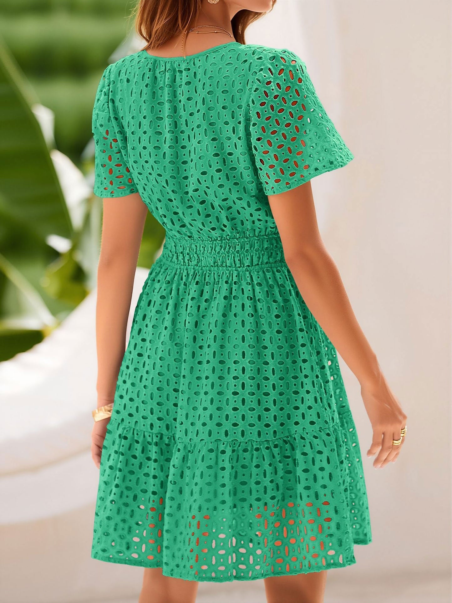 Eyelet Notch Neck Short Sleeve A-Line Dress