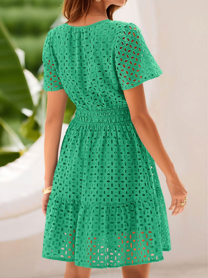 Eyelet Notch Neck Short Sleeve A-Line Dress