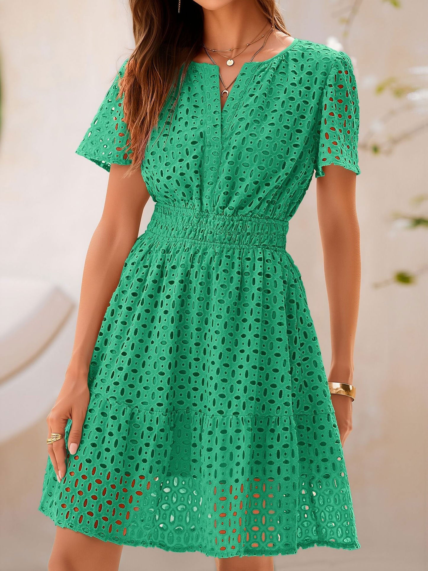 Eyelet Notch Neck Short Sleeve A-Line Dress