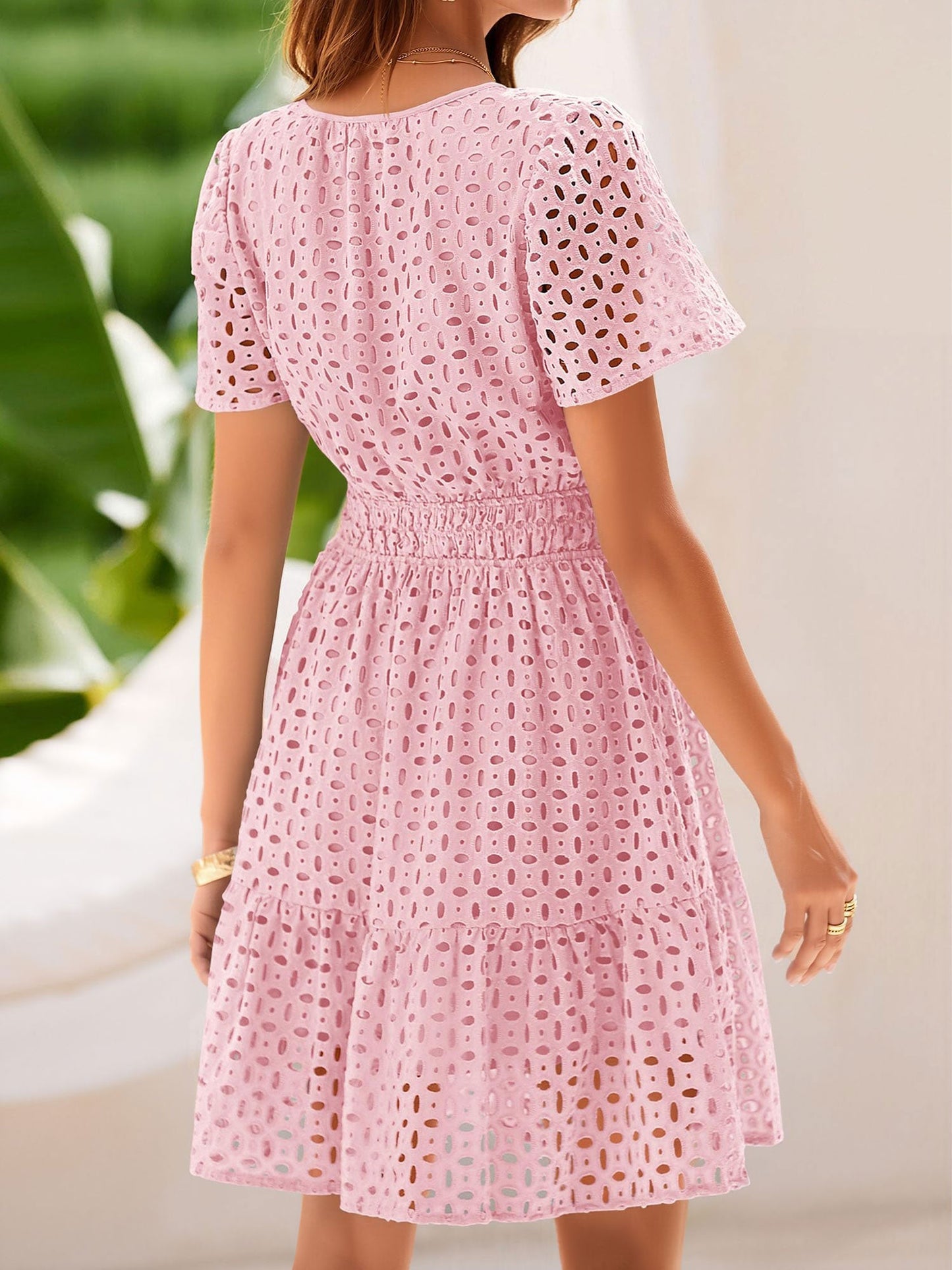 Eyelet Notch Neck Short Sleeve A-Line Dress