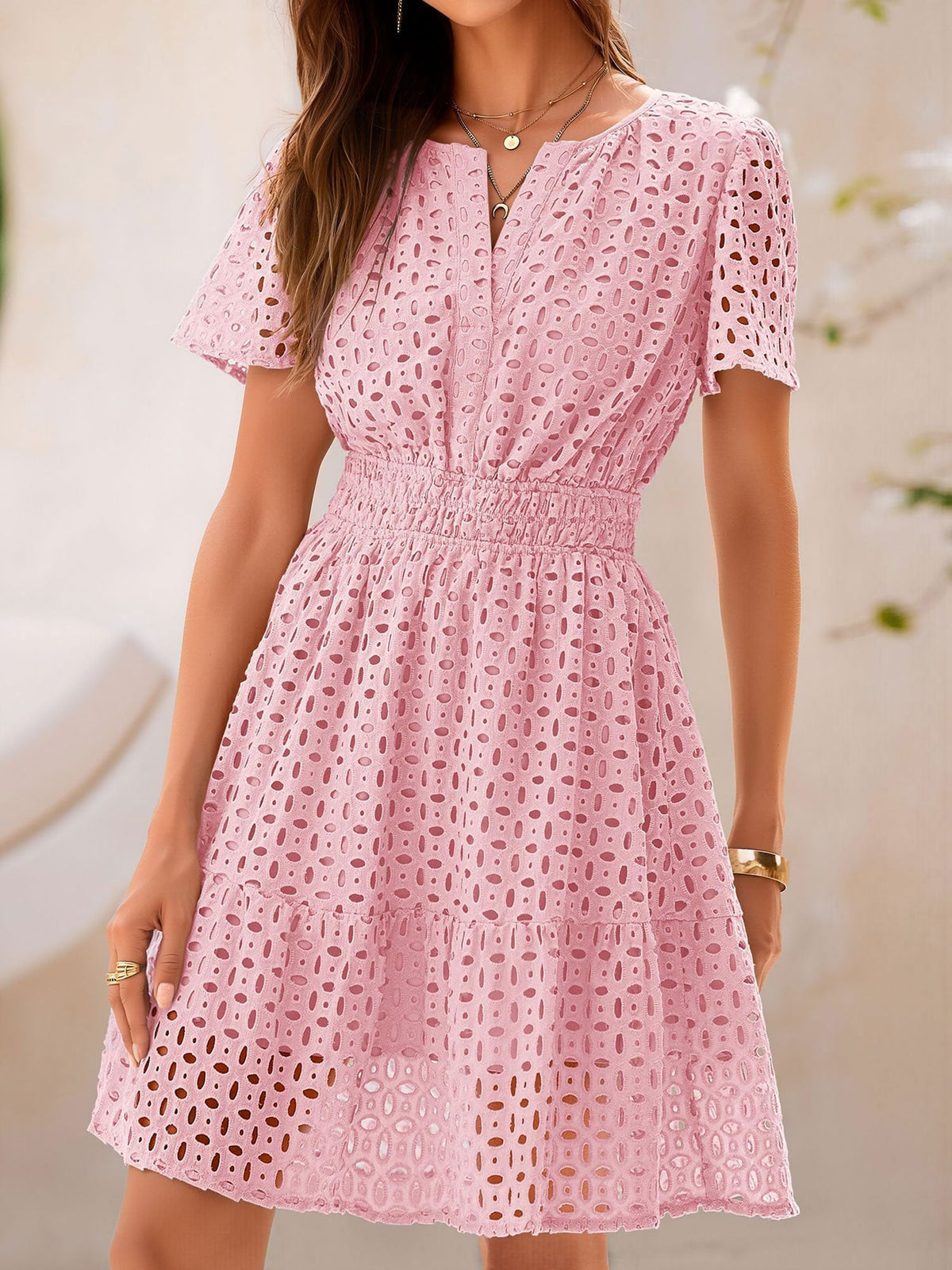 Eyelet Notch Neck Short Sleeve A-Line Dress