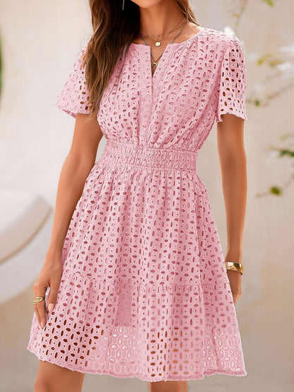 Eyelet Notch Neck Short Sleeve A-Line Dress