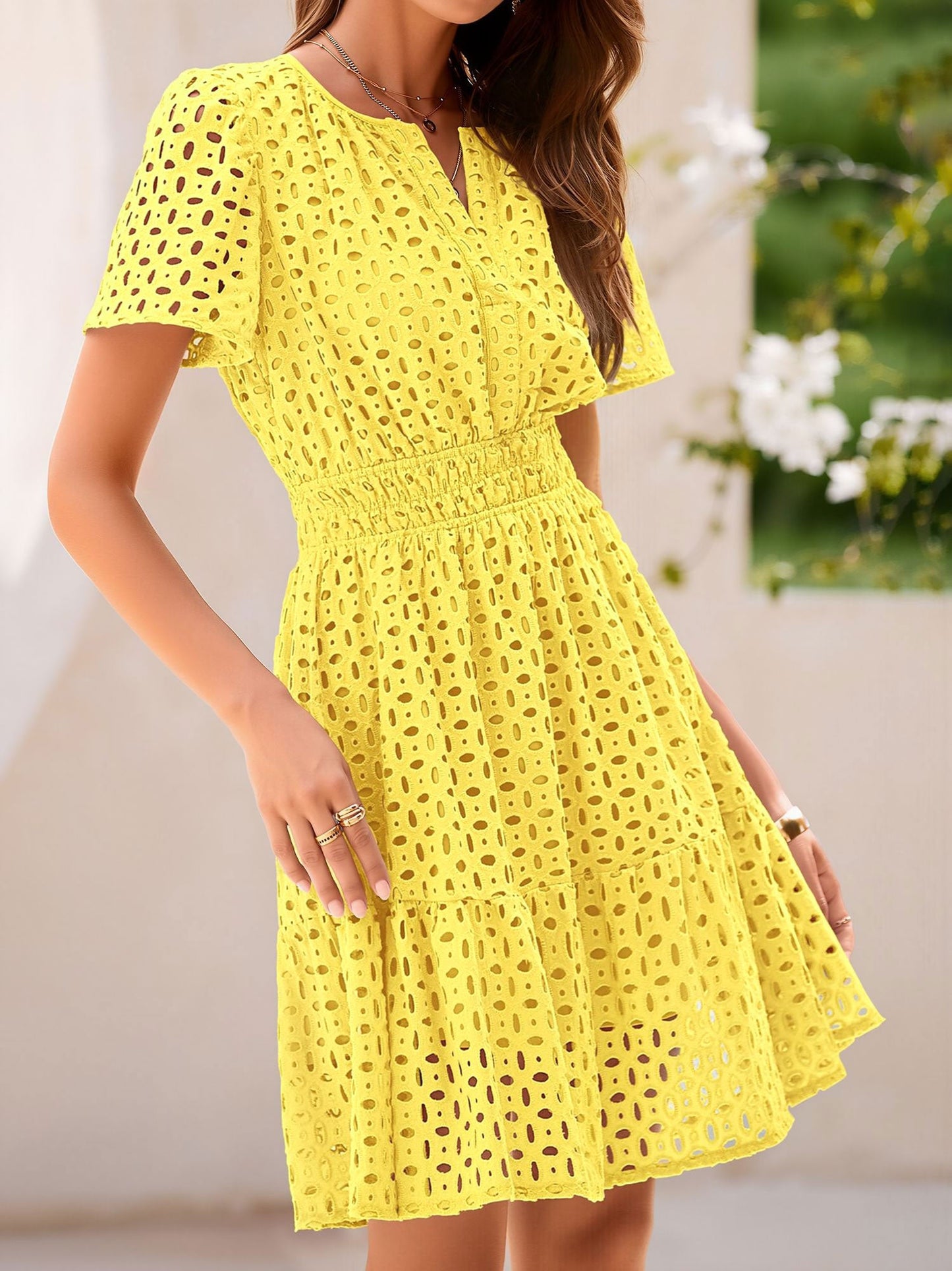 Eyelet Notch Neck Short Sleeve A-Line Dress