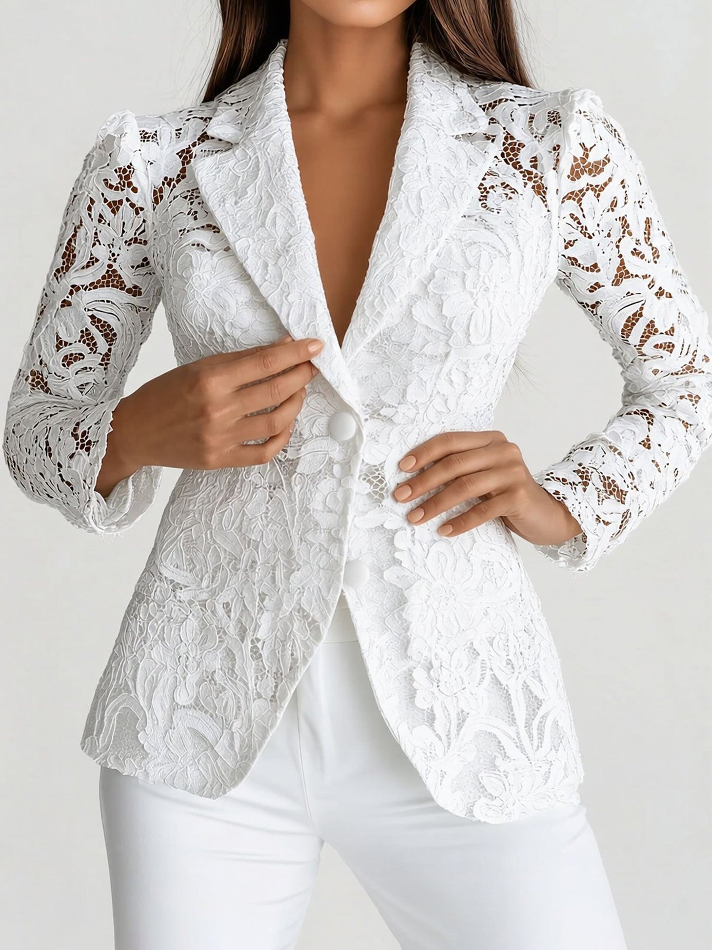 Lace Notch Lapel One Button Sheer Long Sleeves Blazer