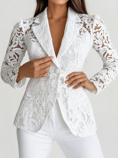Lace Notch Lapel One Button Sheer Long Sleeves Blazer