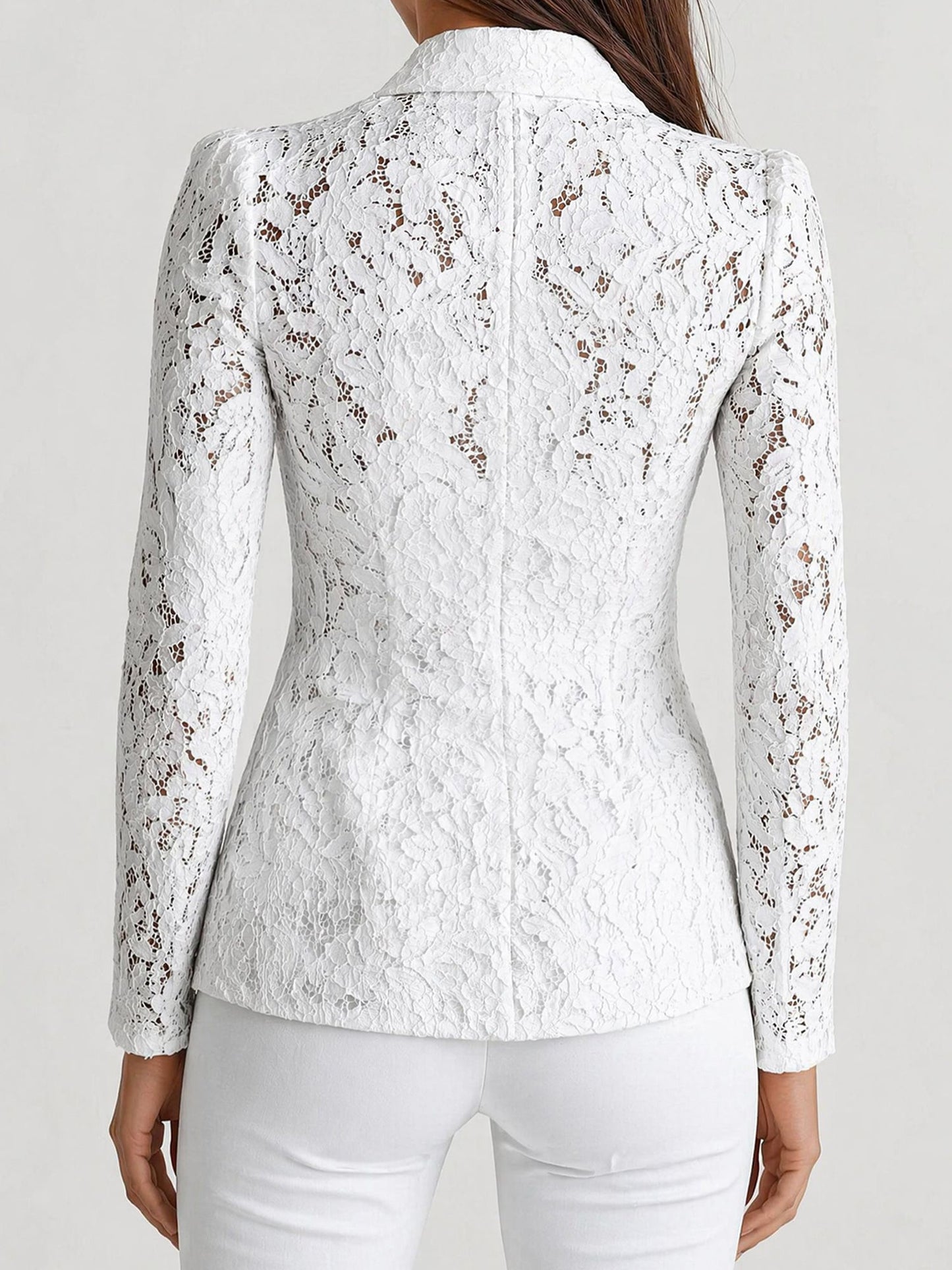 Lace Notch Lapel One Button Sheer Long Sleeves Blazer