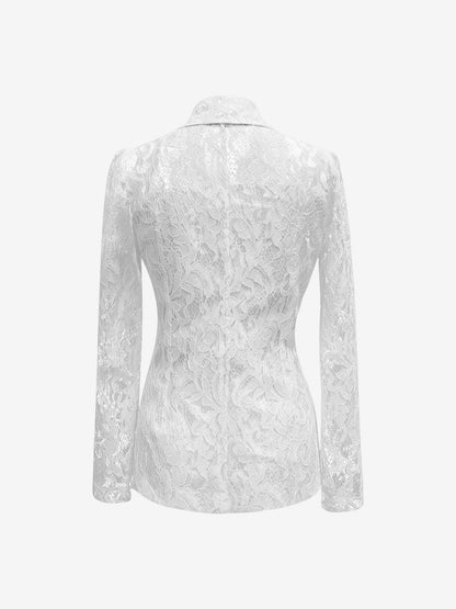 Lace Notch Lapel One Button Sheer Long Sleeves Blazer