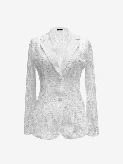 Lace Notch Lapel One Button Sheer Long Sleeves Blazer