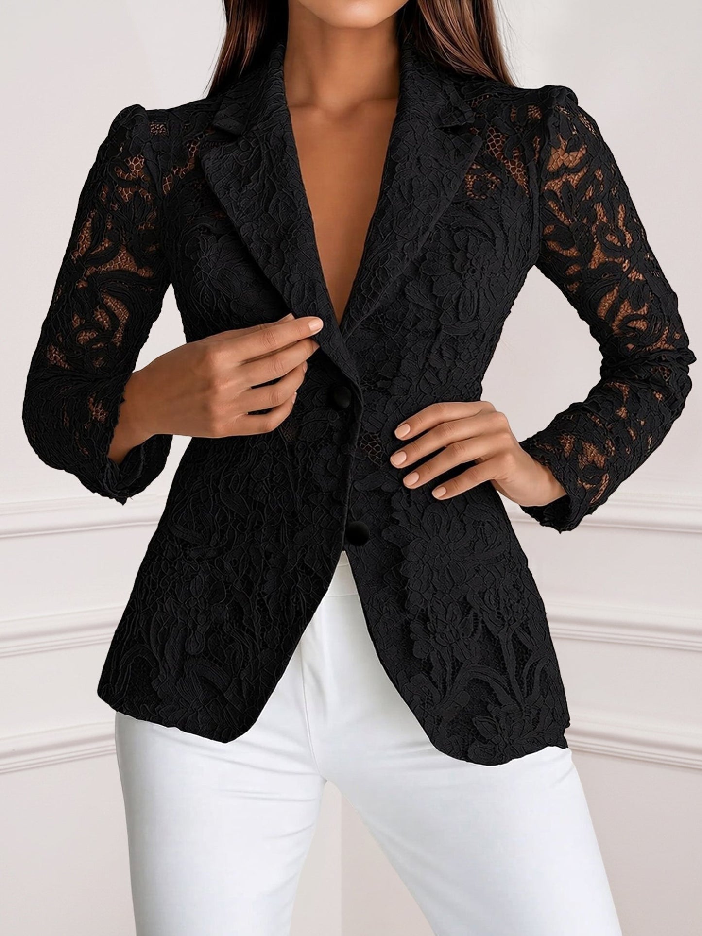 Lace Notch Lapel One Button Sheer Long Sleeves Blazer