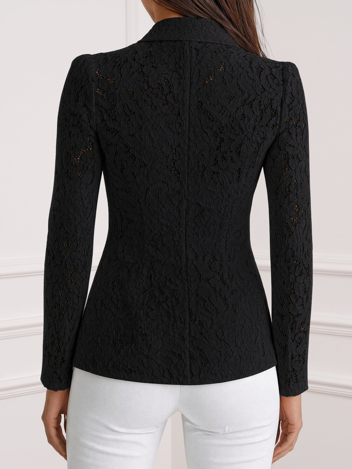 Lace Notch Lapel One Button Sheer Long Sleeves Blazer