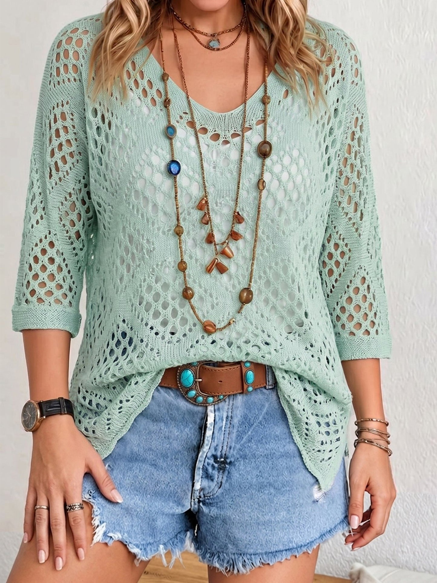 Hollow-out Batwing Sleeve Crochet Cover Up