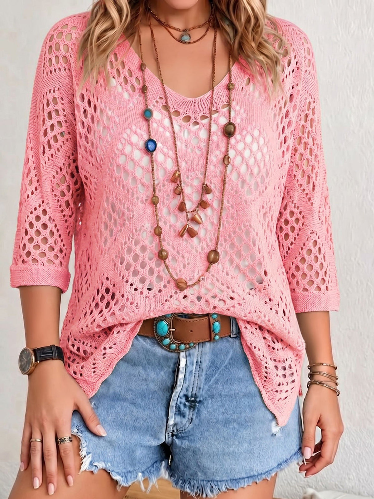 Hollow-out Batwing Sleeve Crochet Cover Up