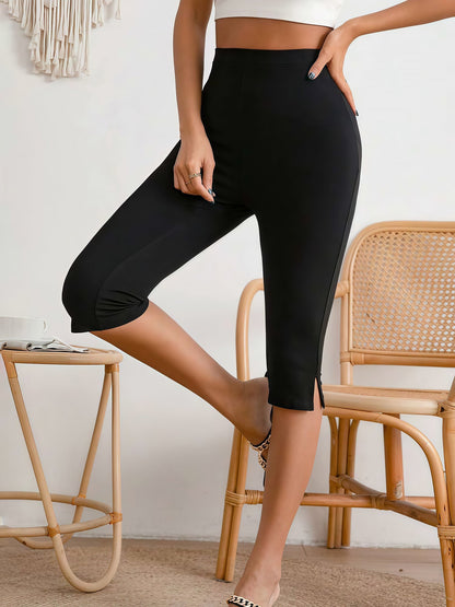 Elastic Waist Solid Color Casual Capri Pants