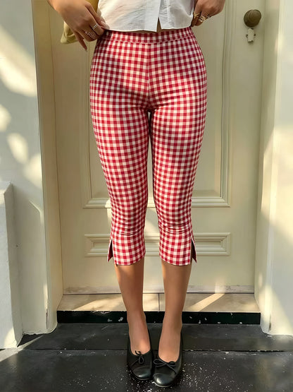 Gingham Polka Dots Casual Slim-Fit Capris Pants