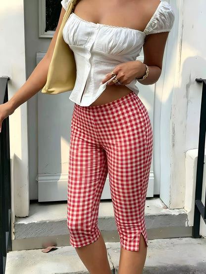 Gingham Polka Dots Casual Slim-Fit Capris Pants