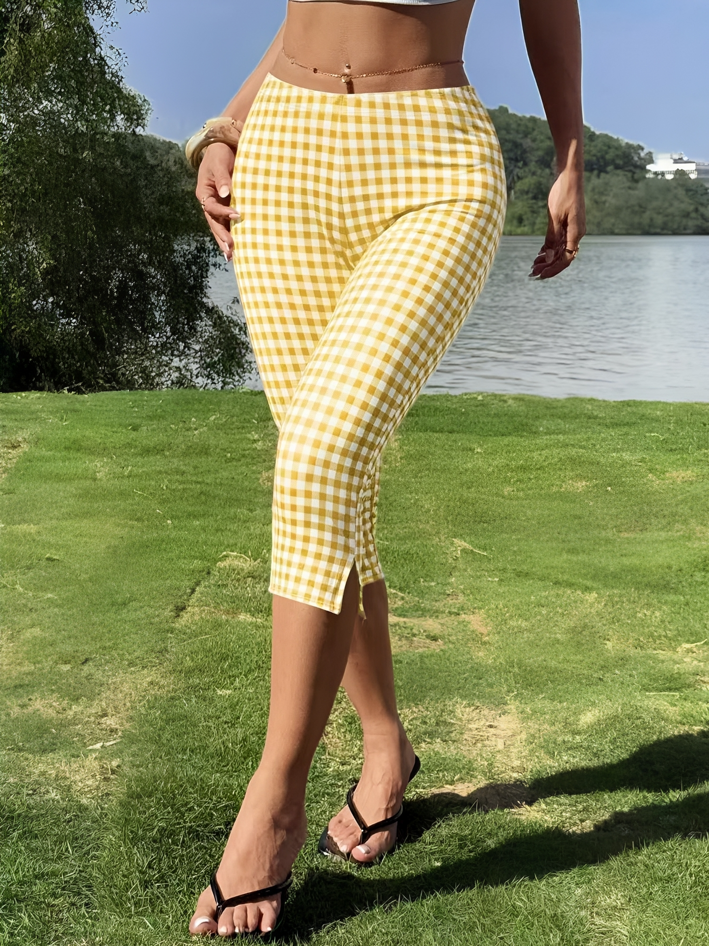 Gingham Polka Dots Casual Slim-Fit Capris Pants