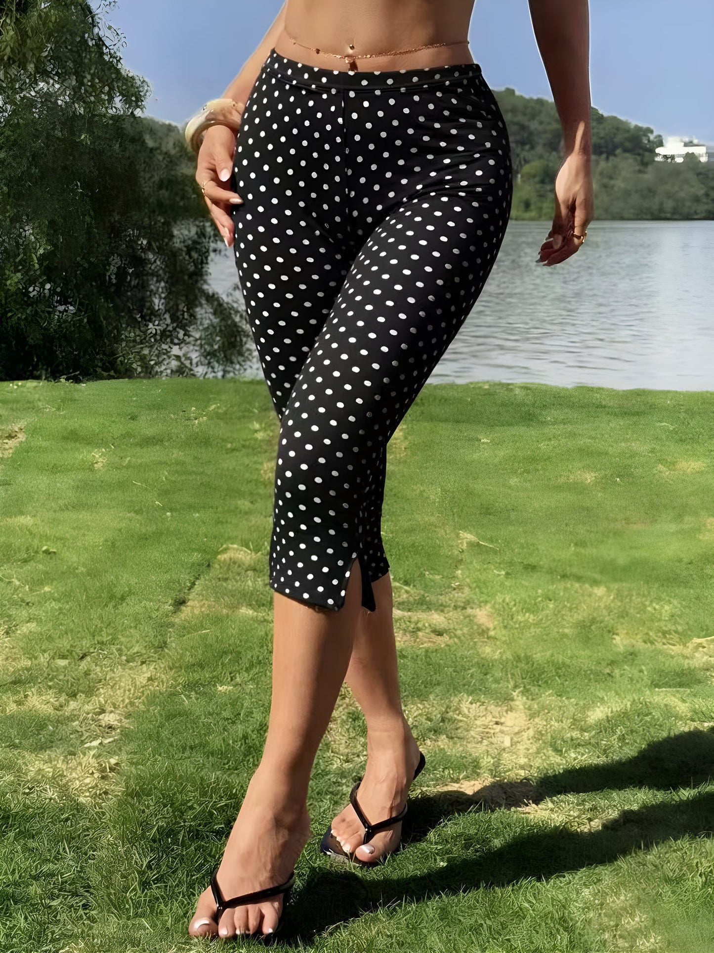 Gingham Polka Dots Casual Slim-Fit Capris Pants