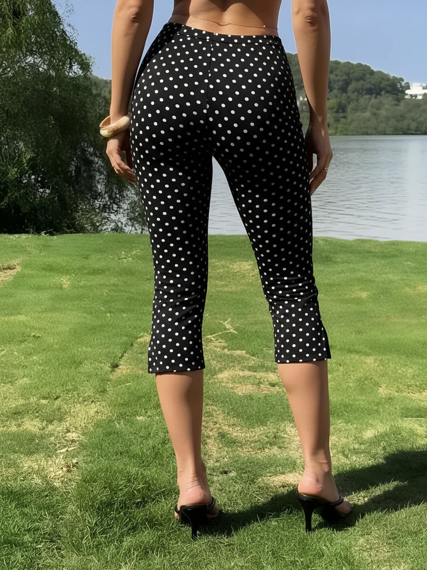Gingham Polka Dots Casual Slim-Fit Capris Pants
