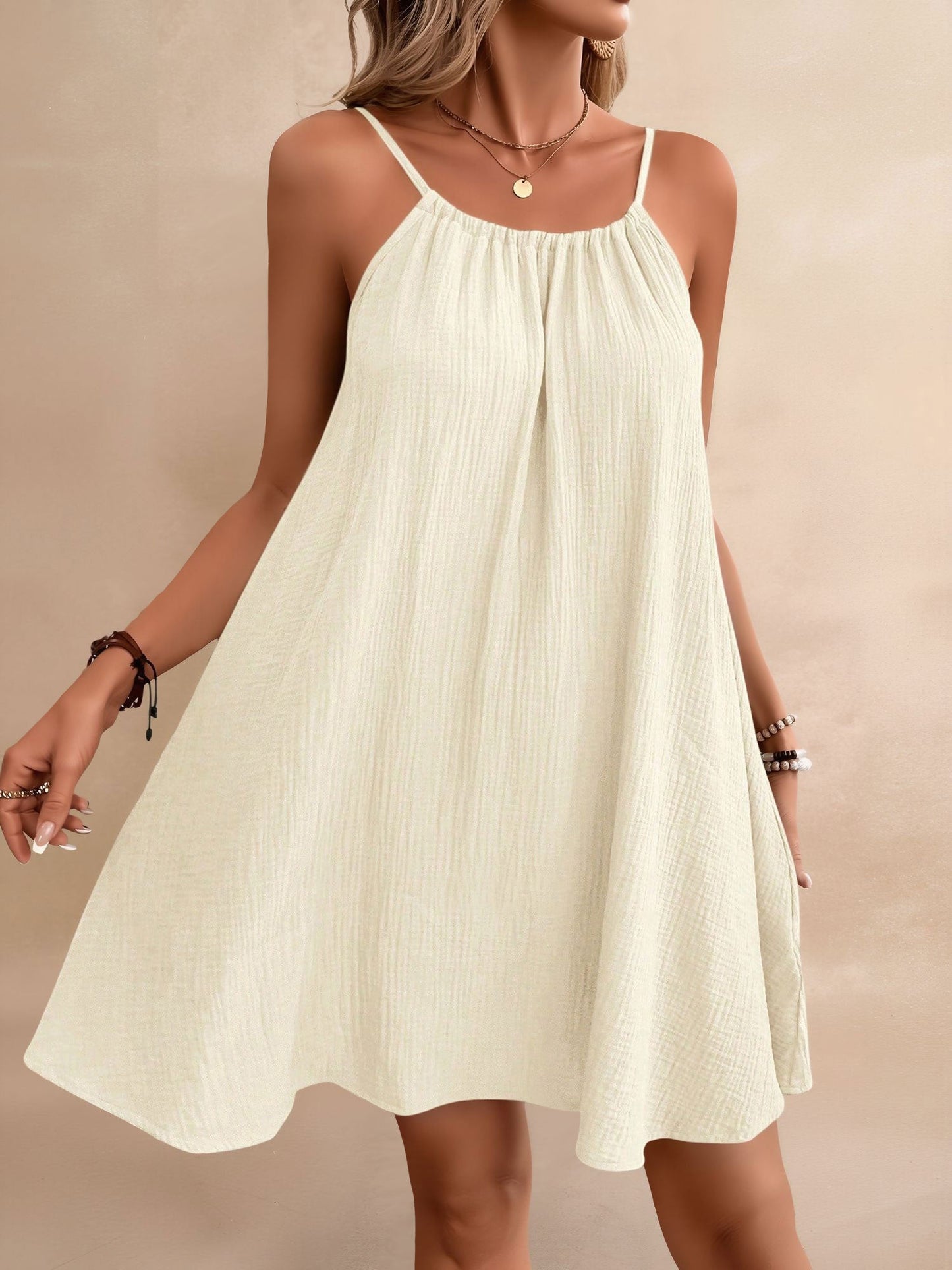 Cotton Spaghetti Strap Backless Tie-up Loose Fit Casual Dress