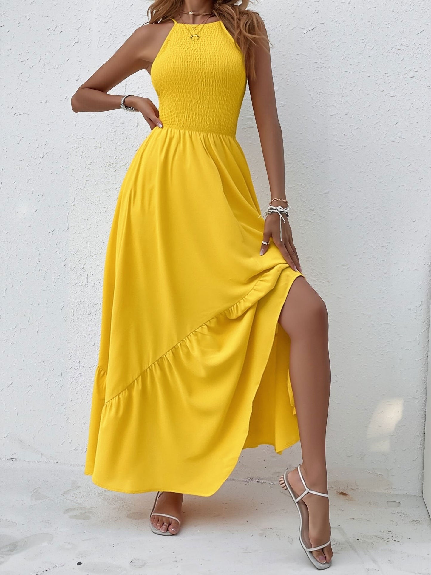 Spaghetti Strap Smocked Asymmetrical Hem Casual Dress