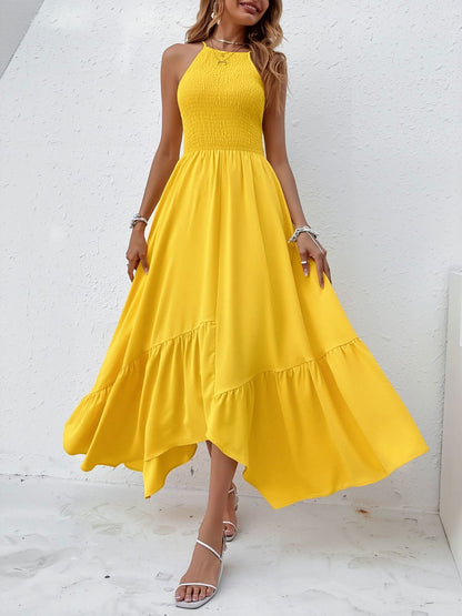 Spaghetti Strap Smocked Asymmetrical Hem Casual Dress