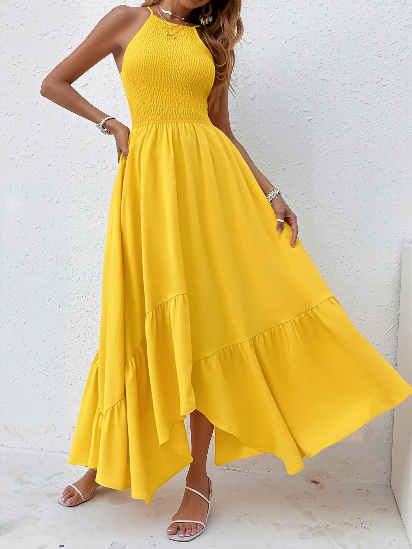 Spaghetti Strap Smocked Asymmetrical Hem Casual Dress