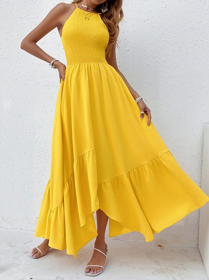 Spaghetti Strap Smocked Asymmetrical Hem Casual Dress