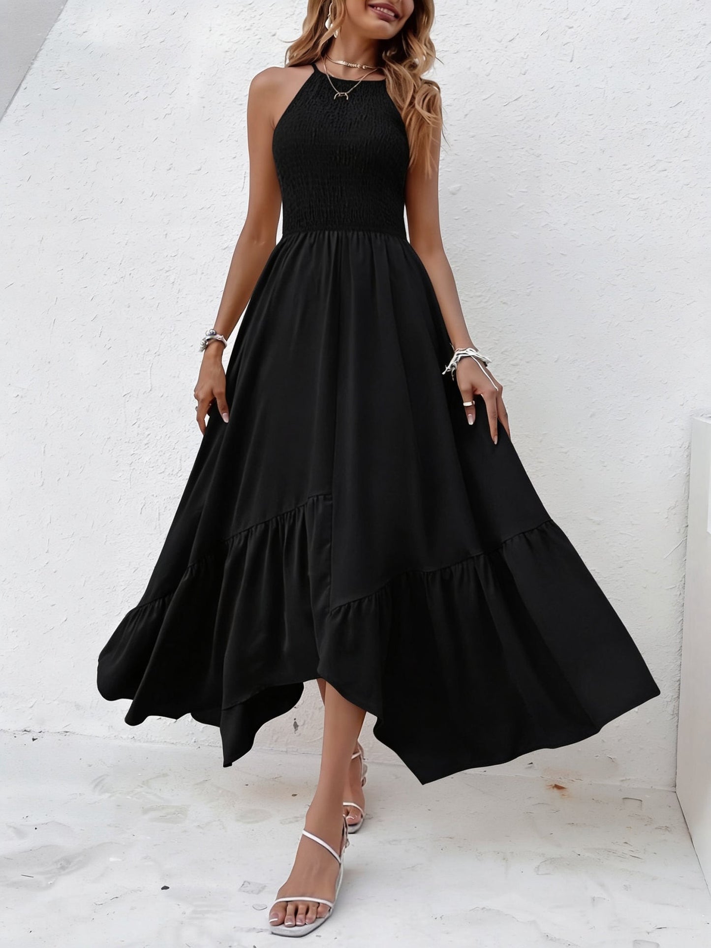 Spaghetti Strap Smocked Asymmetrical Hem Casual Dress