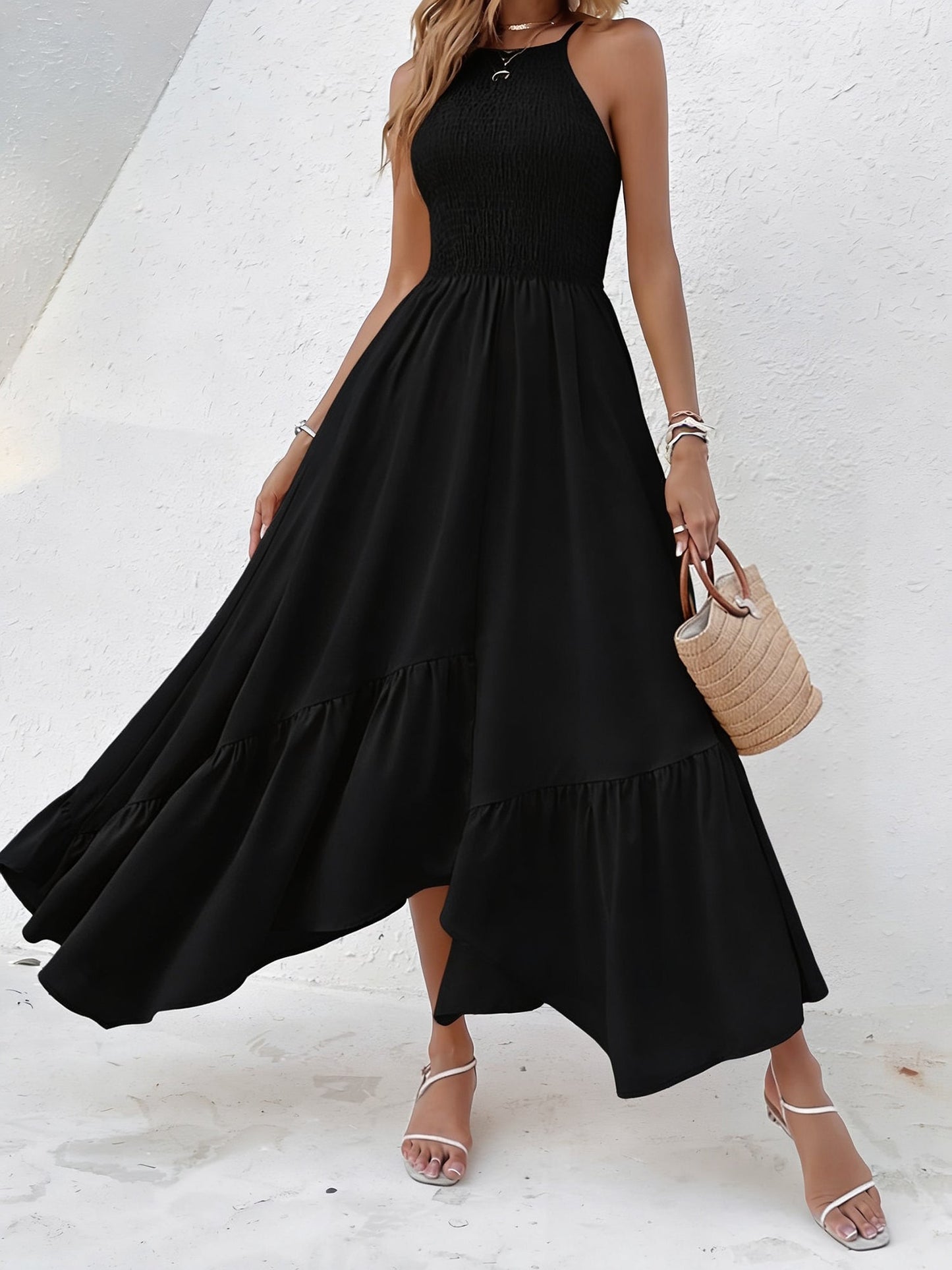 Spaghetti Strap Smocked Asymmetrical Hem Casual Dress