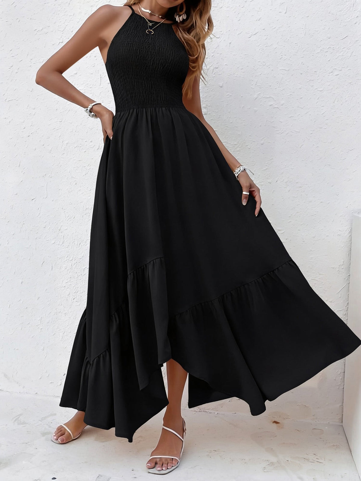 Spaghetti Strap Smocked Asymmetrical Hem Casual Dress